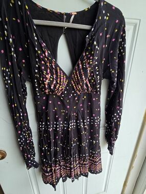 Free People Black Long-Sleeve V-Neck Dot Print Mini Dress